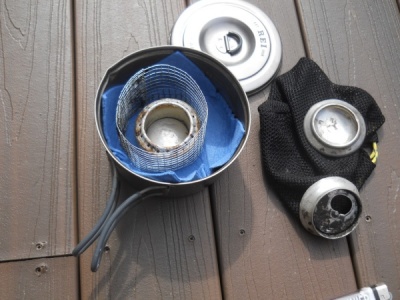 Added soda can stove inside the pot support in the pot