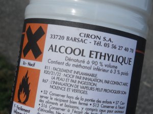 Back of French bottle of denatured alcohol