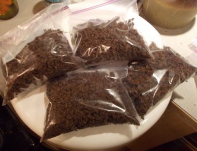 Dehydrated ground beef stored in 4 Ziplock bags